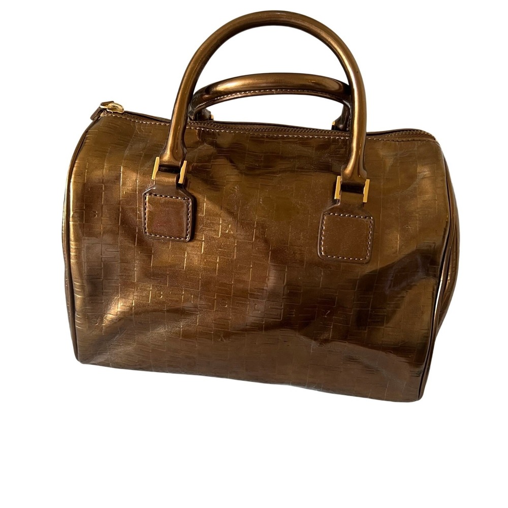 Sisley Metallic Bronze Embossed Logo Satchel Bowler Bag‎ Gold Hardware Handbag